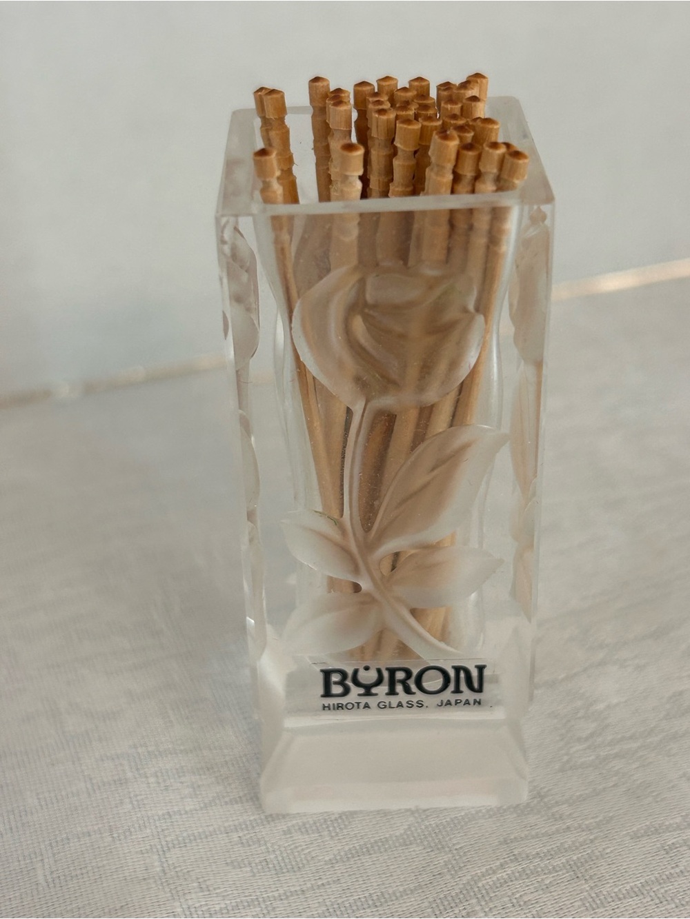 Vintage Byron Hirota Glass Toothpick Holder Rectangular Embossed Flower Japan